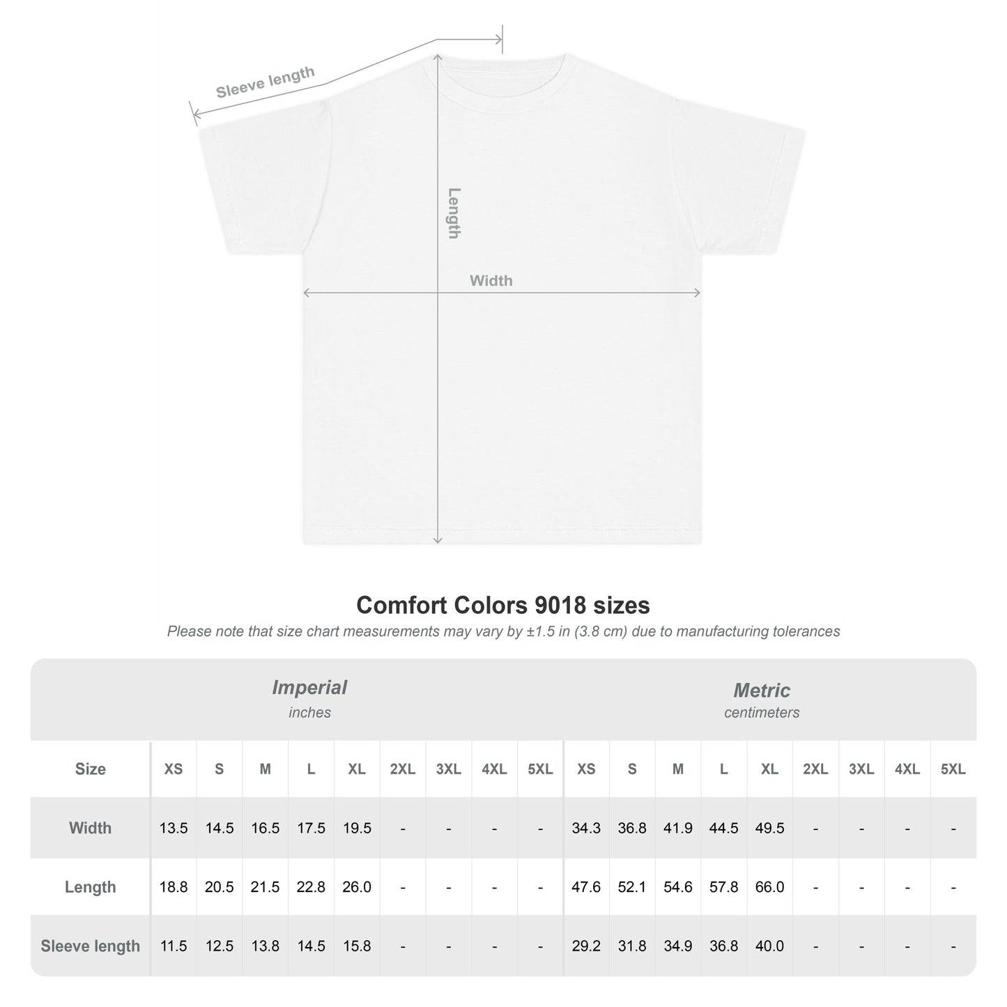 Comfort Colors 9018 shirt size chart with width, length, and sleeve measurements in inches and centimeters.