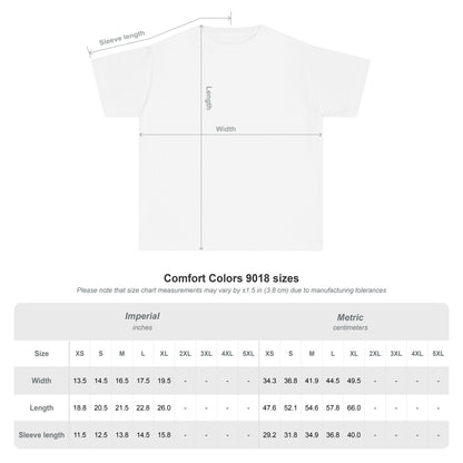 Comfort Colors 9018 shirt size chart with width, length, and sleeve measurements in inches and centimeters.