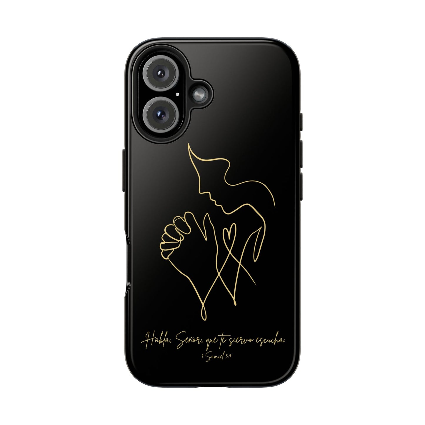 Black phone case with gold line art of praying figure and Spanish Bible verse design