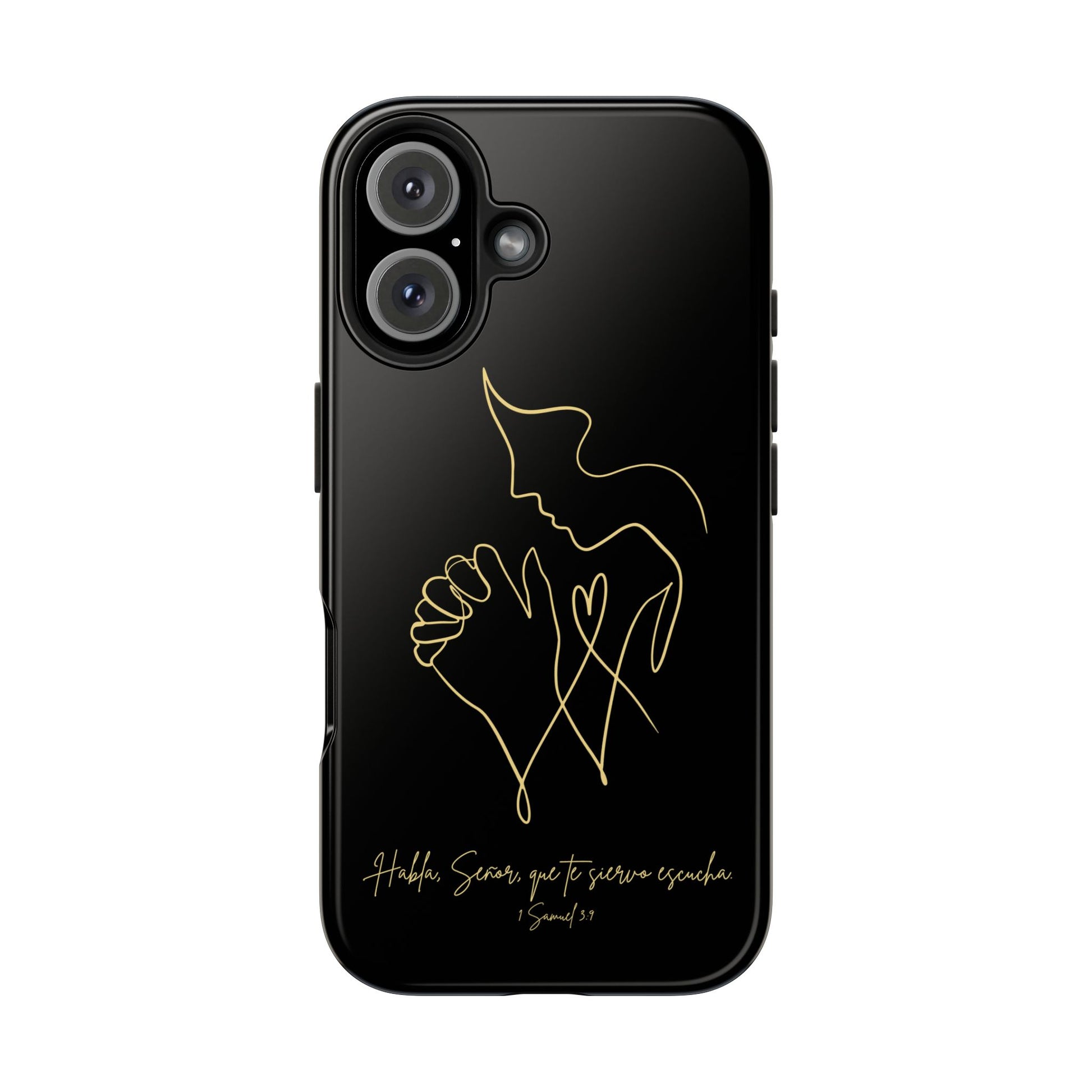 Black phone case with gold line art of praying figure and Spanish Bible verse design