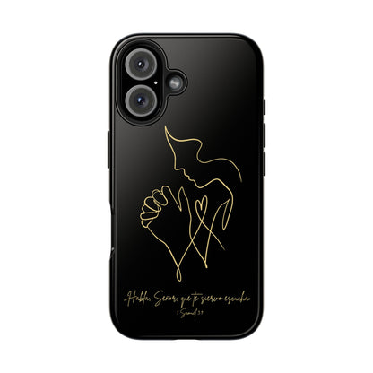 Black phone case with gold line art of praying figure and Spanish Bible verse design