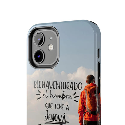iPhone case with inspirational Spanish Scripture, hiker with orange backpack, clouds background