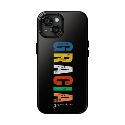 Black phone case with colorful 'Gracia sobre gracia' and John 1:16 Bible verse design.