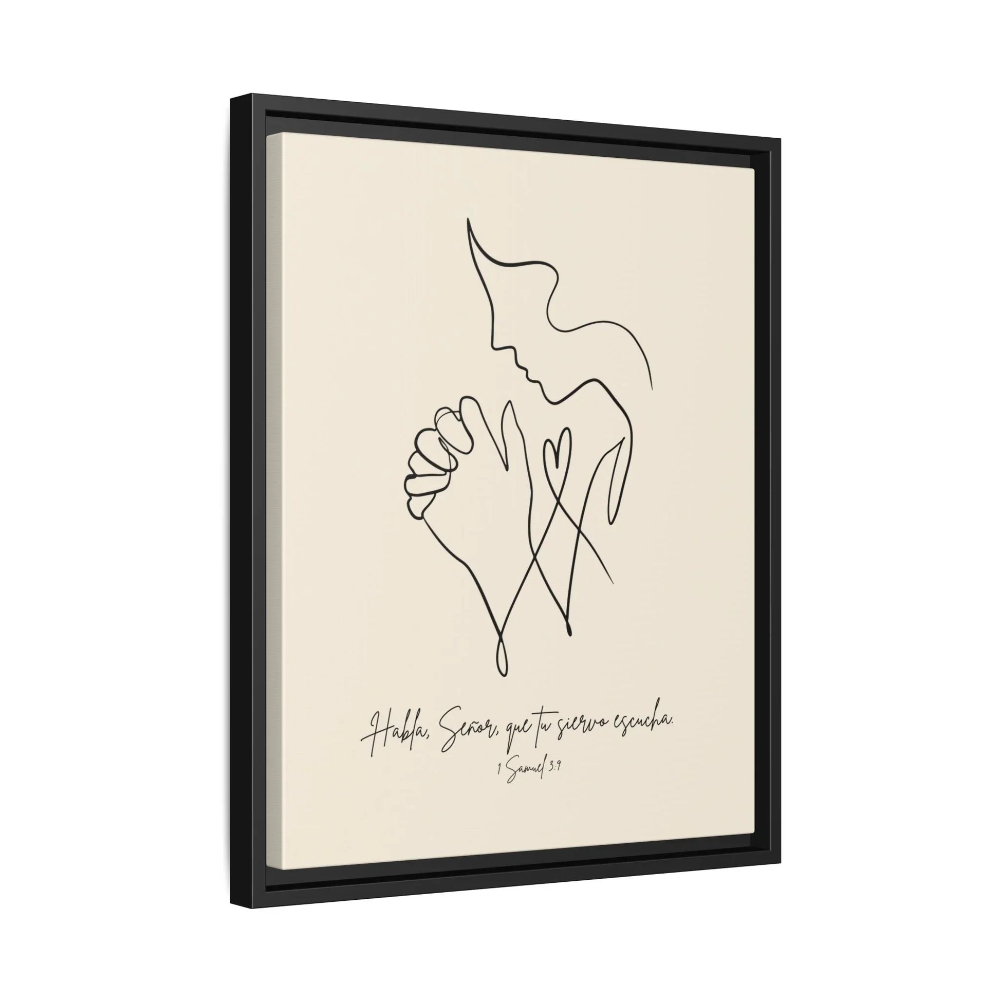 Minimalist Christian wall art with praying figure, Bible verse in Spanish, black frame
