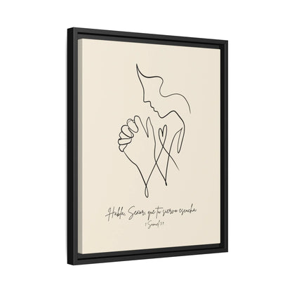 Minimalist Christian wall art with praying figure, Bible verse in Spanish, black frame