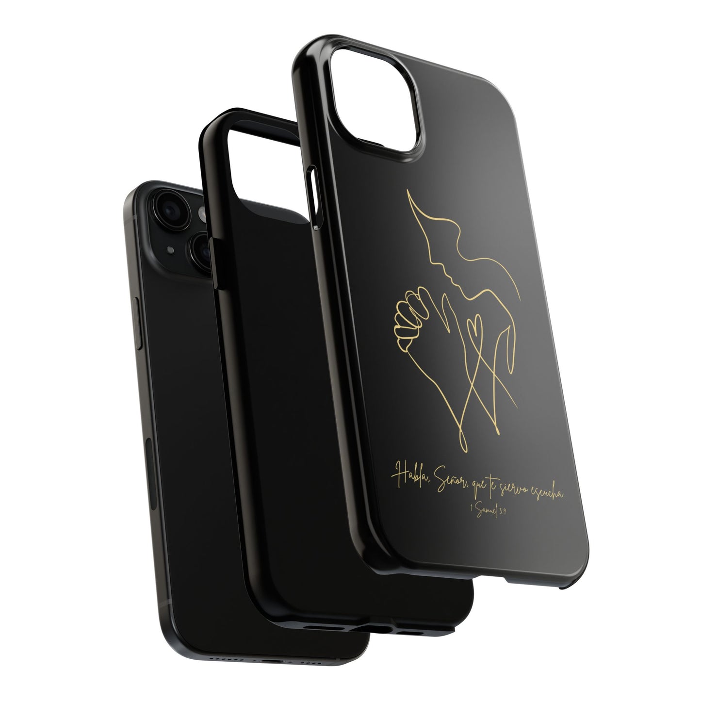 Black Christian phone case with gold line art of praying hands and dove, Scripture text in Spanish