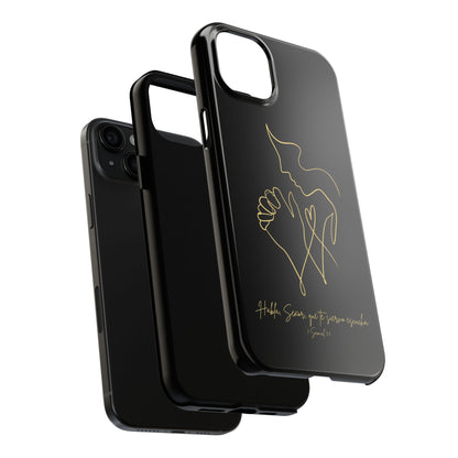 Black Christian phone case with gold line art of praying hands and dove, Scripture text in Spanish