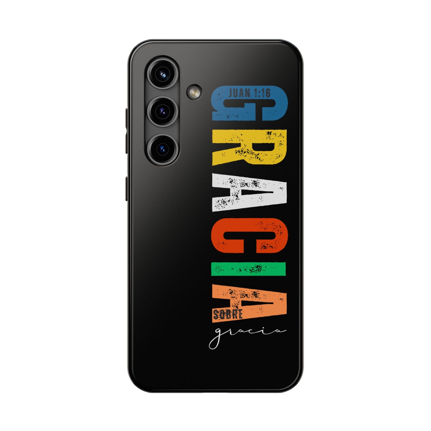 Black phone case with colorful Spanish Christian text 'Gracia sobre gracia' and Bible verse reference Juan 1:16.