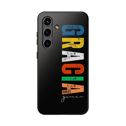 Black phone case with colorful Spanish Christian text 'Gracia sobre gracia' and Bible verse reference Juan 1:16.