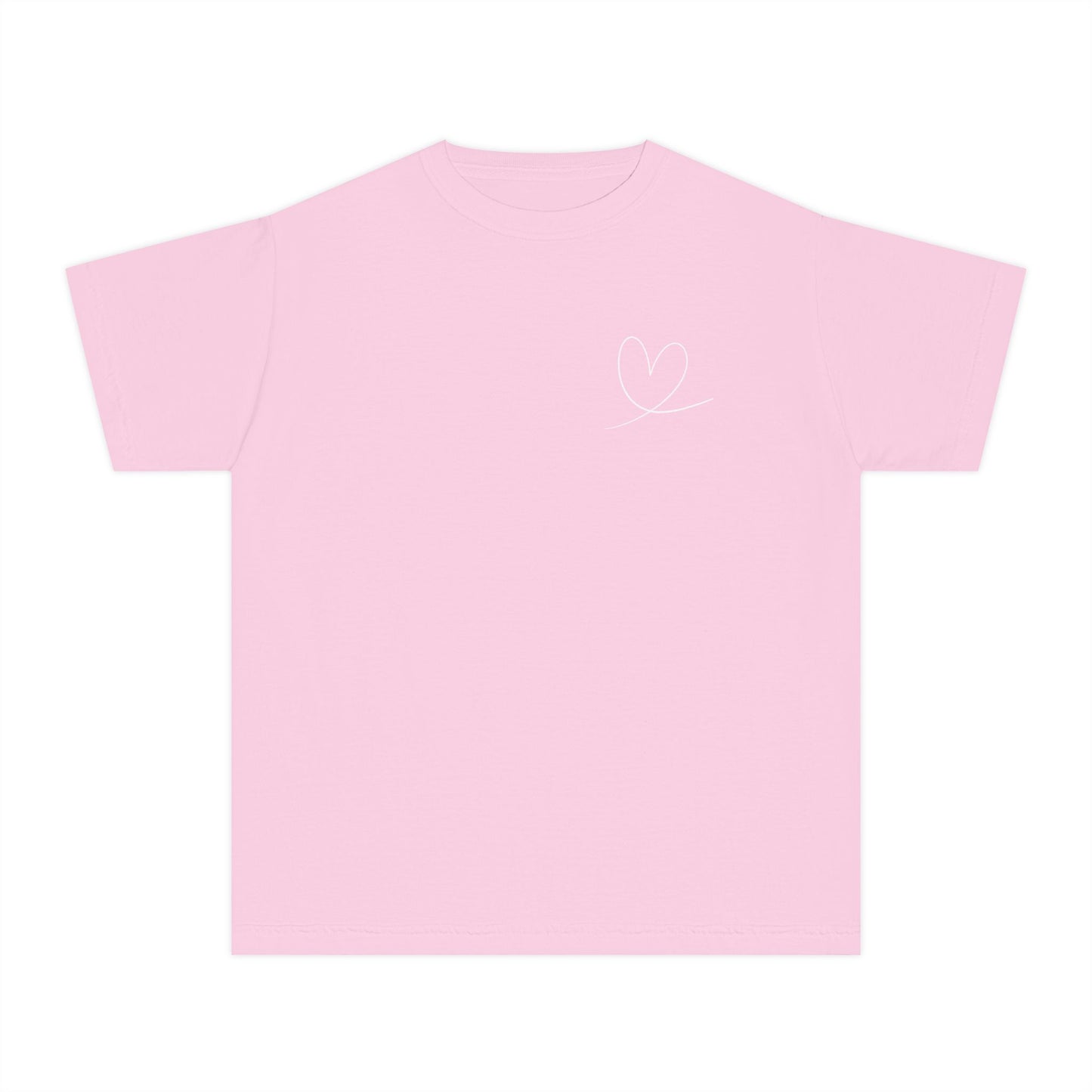 Light pink Christian t-shirt with minimalist heart outline design on chest