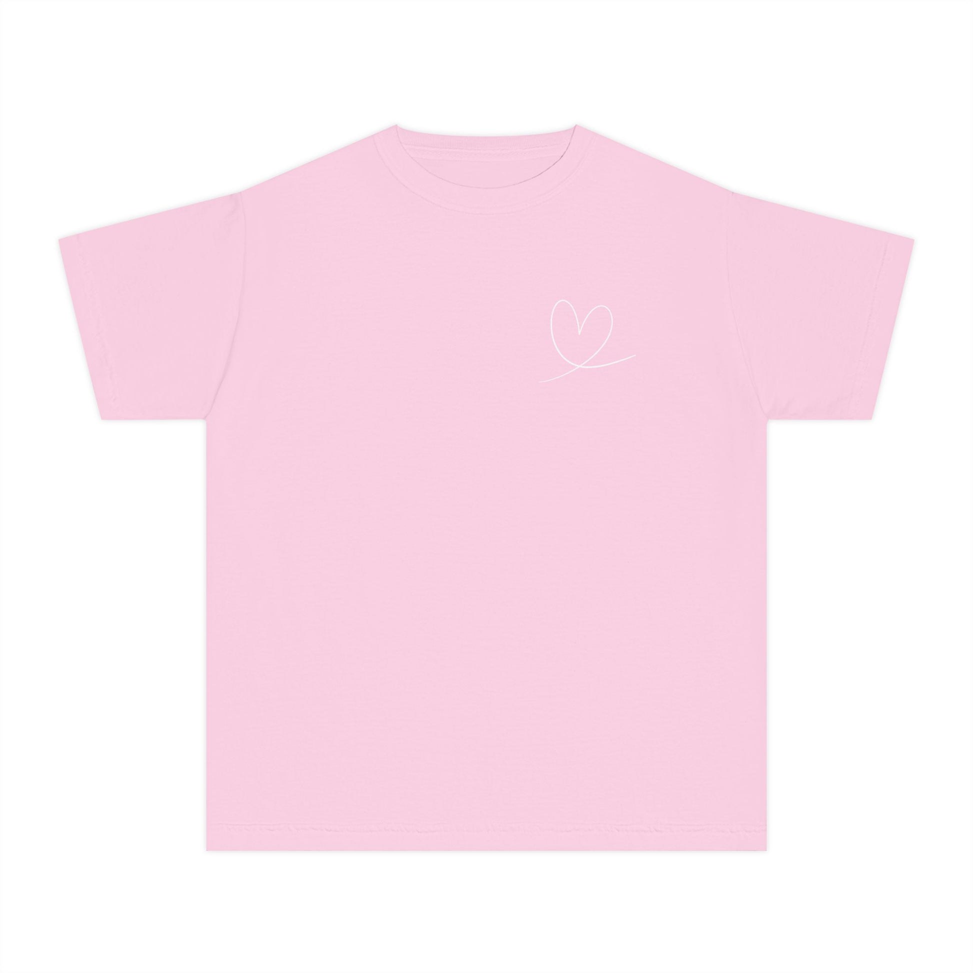 Light pink Christian t-shirt with minimalist heart outline design on chest