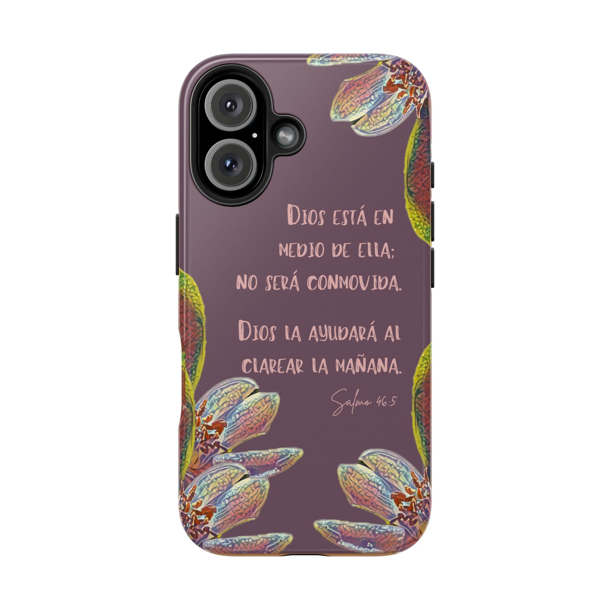 Purple floral Christian phone case with Spanish Bible verse, inspirational faith accessory