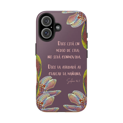Purple floral Christian phone case with Spanish Bible verse, inspirational faith accessory