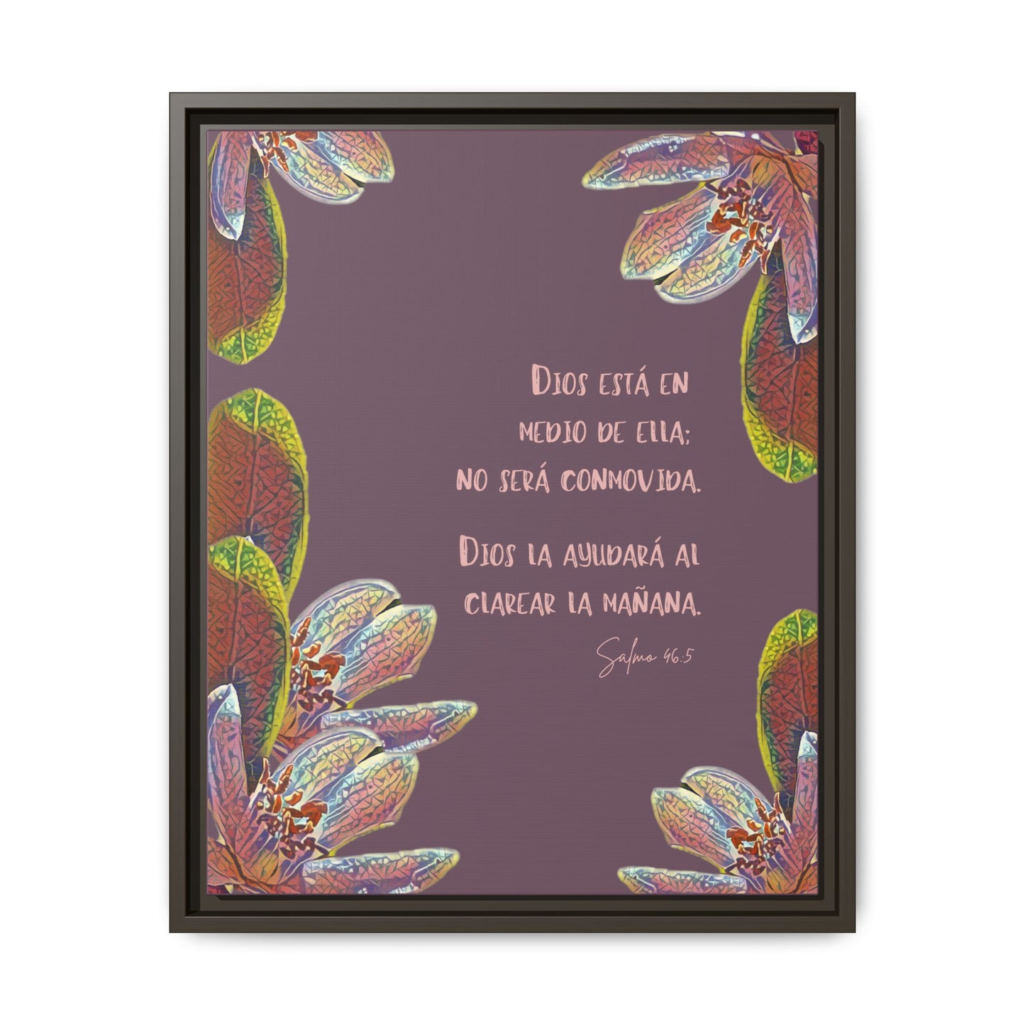 Christian wall art with Spanish Psalm 46:5, colorful floral design, purple background