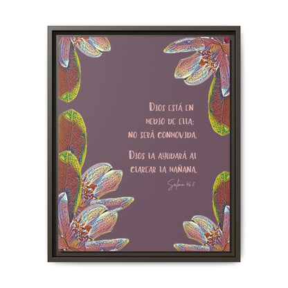 Christian wall art with Spanish Psalm 46:5, colorful floral design, purple background