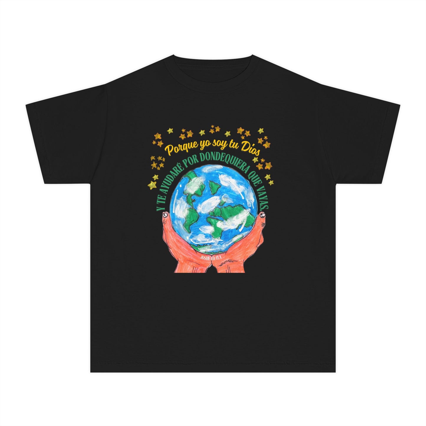 Black Christian t-shirt with hands holding Earth, Spanish Bible verse and gold stars, faith apparel