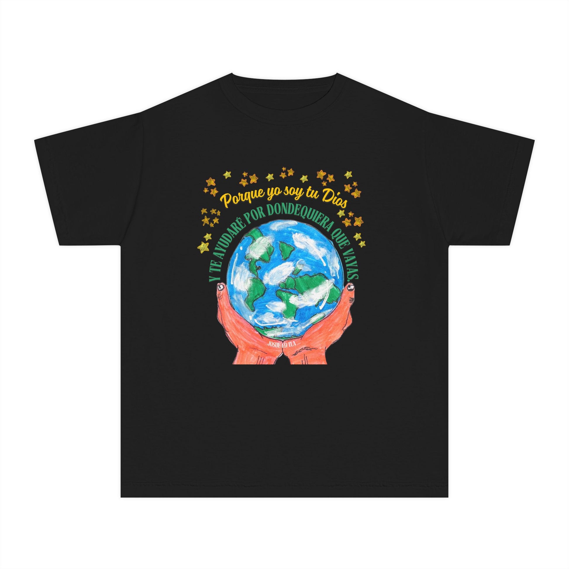 Black Christian t-shirt with hands holding Earth, Spanish Bible verse and gold stars, faith apparel