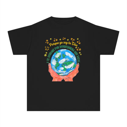 Black Christian t-shirt with hands holding Earth, Spanish Bible verse and gold stars, faith apparel