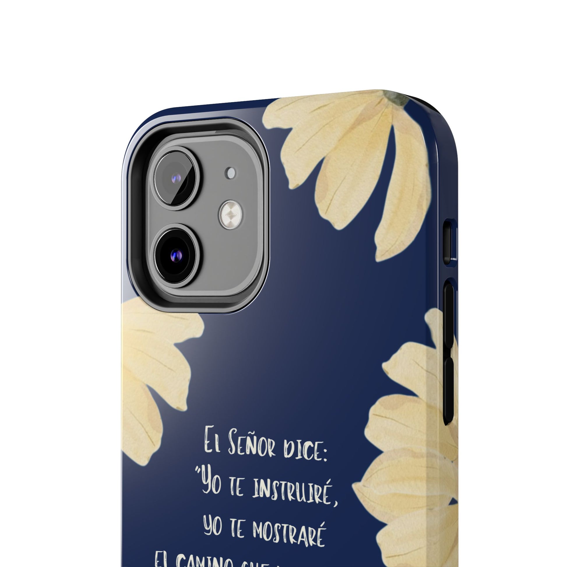 Christian phone case with Spanish Scripture and yellow flowers on navy background