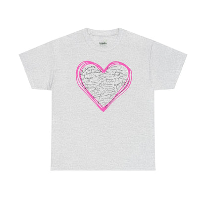 Gray Christian t-shirt with pink heart and Spanish inspirational text design
