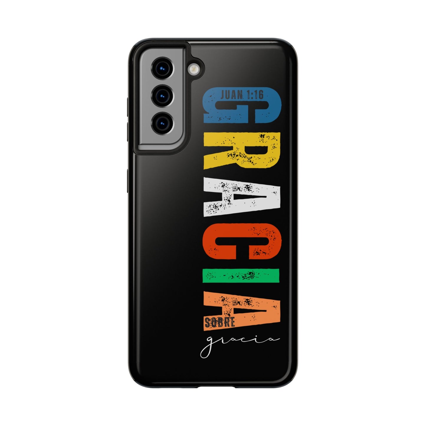 Black phone case with colorful 'Gracia sobre gracia' Christian design and Juan 1:16 verse.