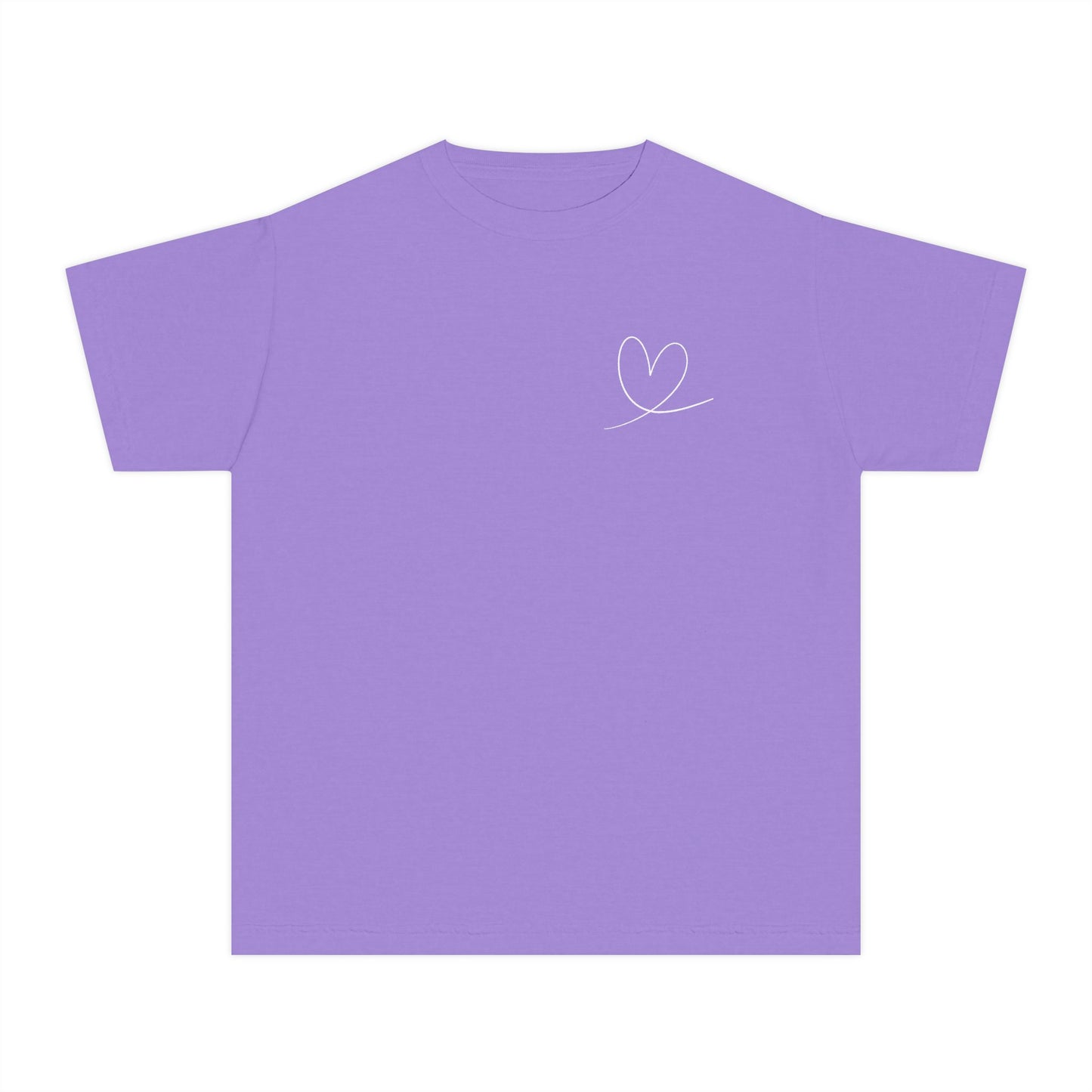 Purple Christian t-shirt with simple white heart line art design on chest
