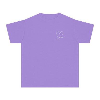 Purple Christian t-shirt with simple white heart line art design on chest