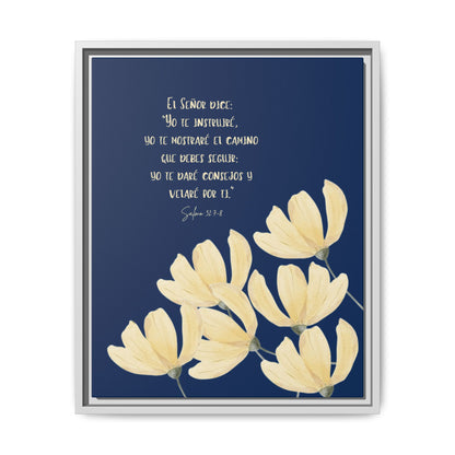Christian wall art with Spanish Bible verse, yellow flowers on navy blue background