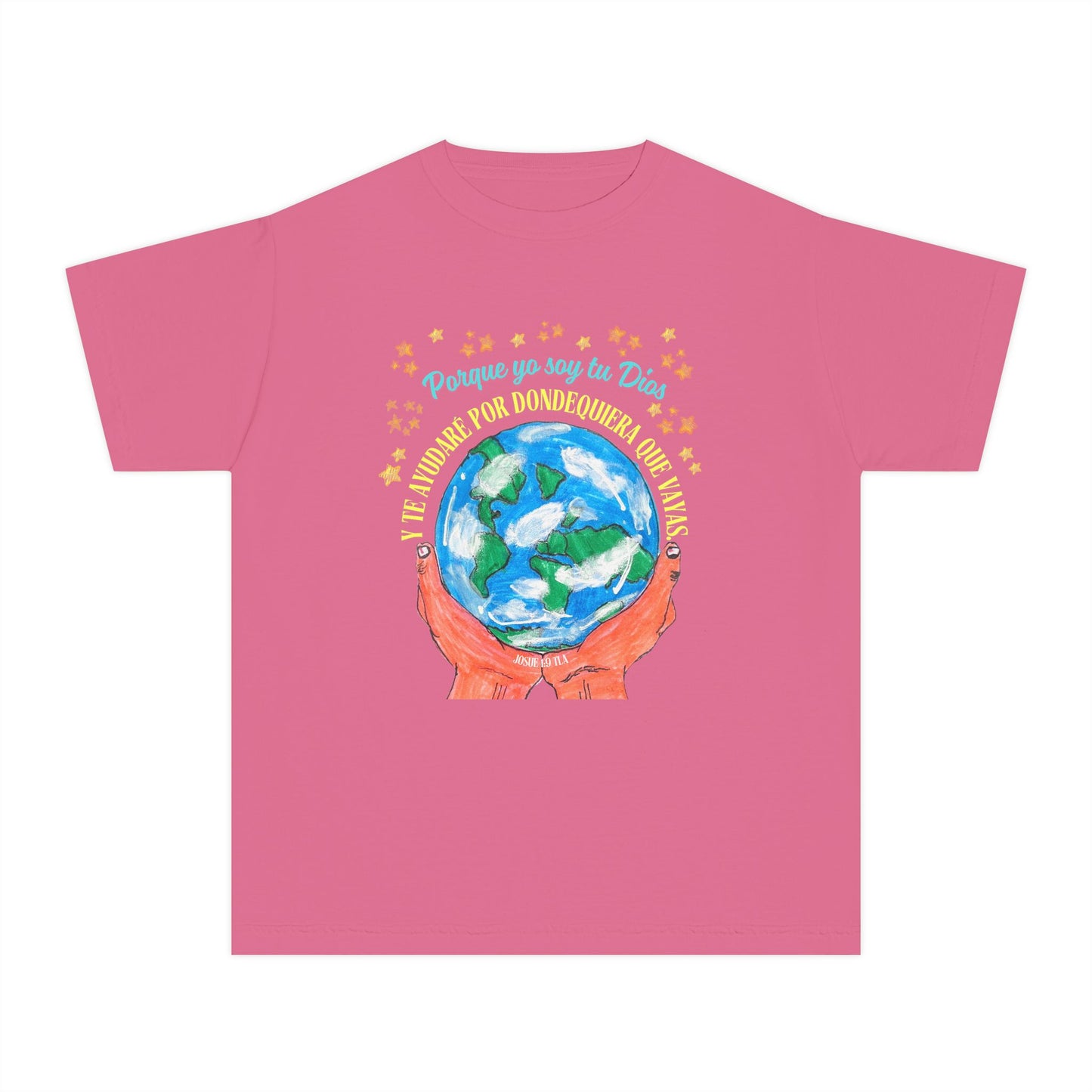 Pink Christian t-shirt with hands holding Earth, Spanish Bible verse, faith apparel design