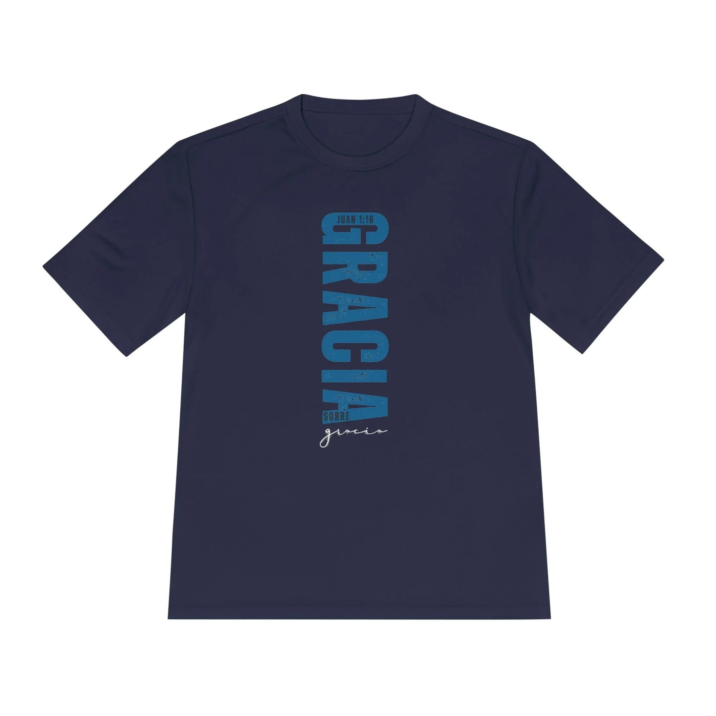 Navy blue Christian t-shirt with Gracia sobre gracia and John 1:16 text in Spanish.