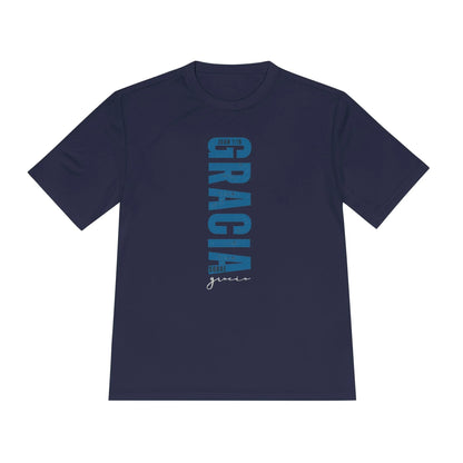 Navy blue Christian t-shirt with Gracia sobre gracia and John 1:16 text in Spanish.