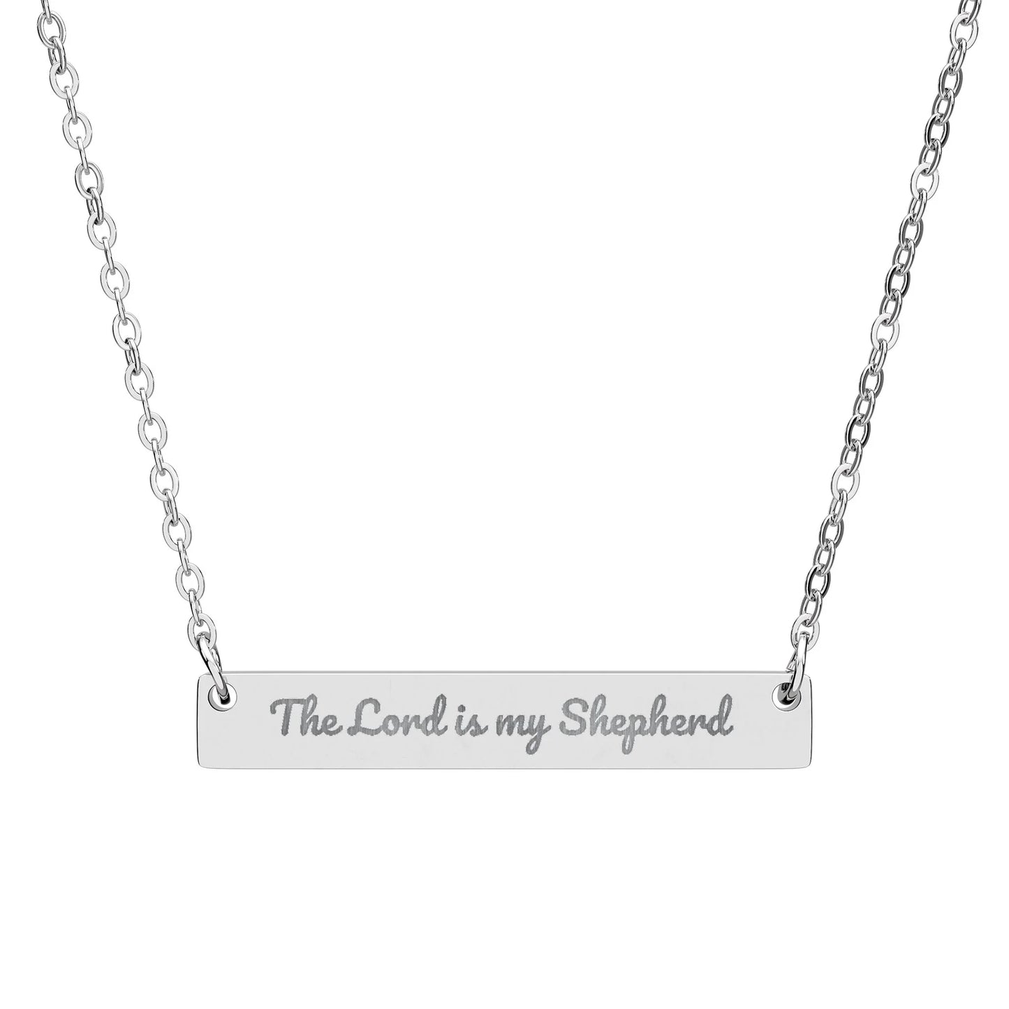 Silver Christian necklace with engraved bar reading 'The Lord is my Shepherd'