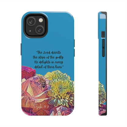 Blue Christian phone case with Psalm 37:23, colorful flowers, inspirational Scripture gift
