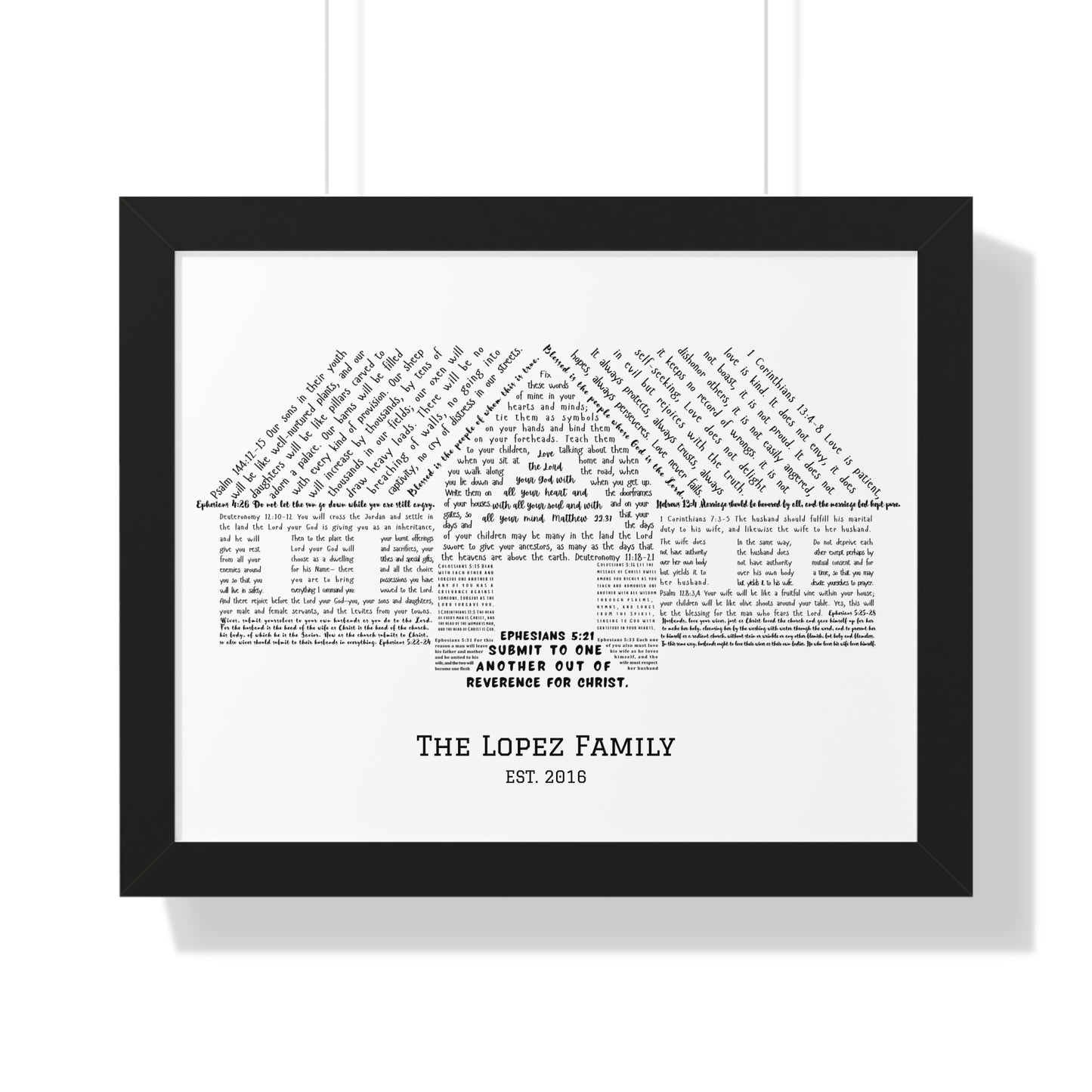 Framed Christian wall art featuring Bible verses shaped like a house with custom family name.