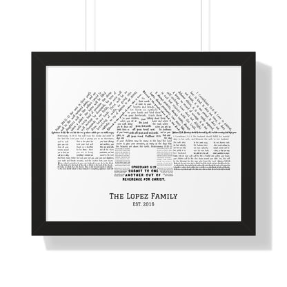 Framed Christian wall art featuring Bible verses shaped like a house with custom family name.