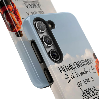 Christian phone case with Spanish Bible verse and sky background, inspirational gift