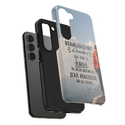 Christian phone case with Spanish Bible verse, mountain background and man in orange jacket