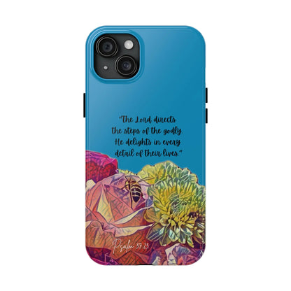 Blue Christian phone case with Psalm 37:23, colorful floral design, inspirational scripture