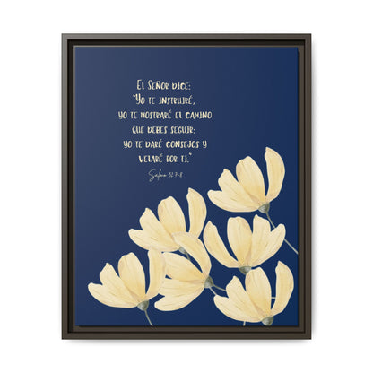 Framed Christian wall art with Spanish scripture and yellow flowers on blue background