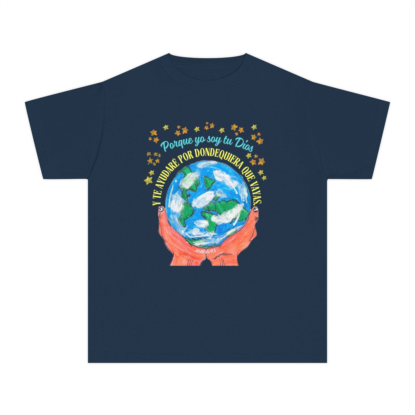 Navy Christian t-shirt with illustrated hands holding Earth, Spanish Bible verse and stars.