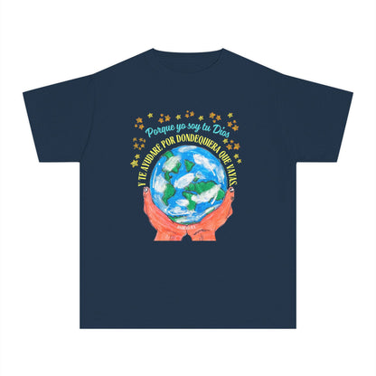 Navy Christian t-shirt with illustrated hands holding Earth, Spanish Bible verse and stars.