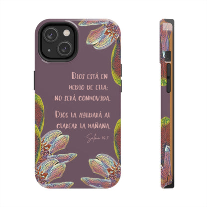 Spanish Christian phone case with Psalm 46:5, floral design on purple background