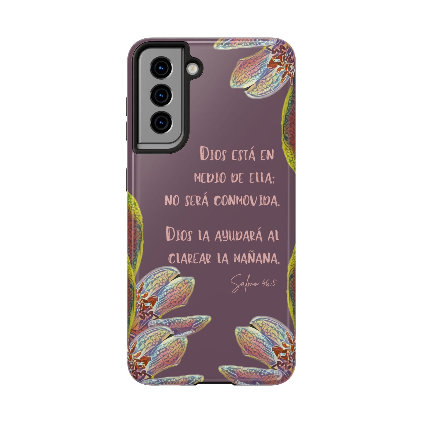 Christian phone case with Psalm 46:5 in Spanish and floral design on purple background