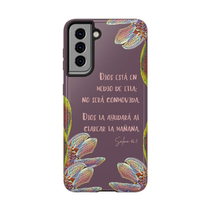 Christian phone case with Psalm 46:5 in Spanish and floral design on purple background