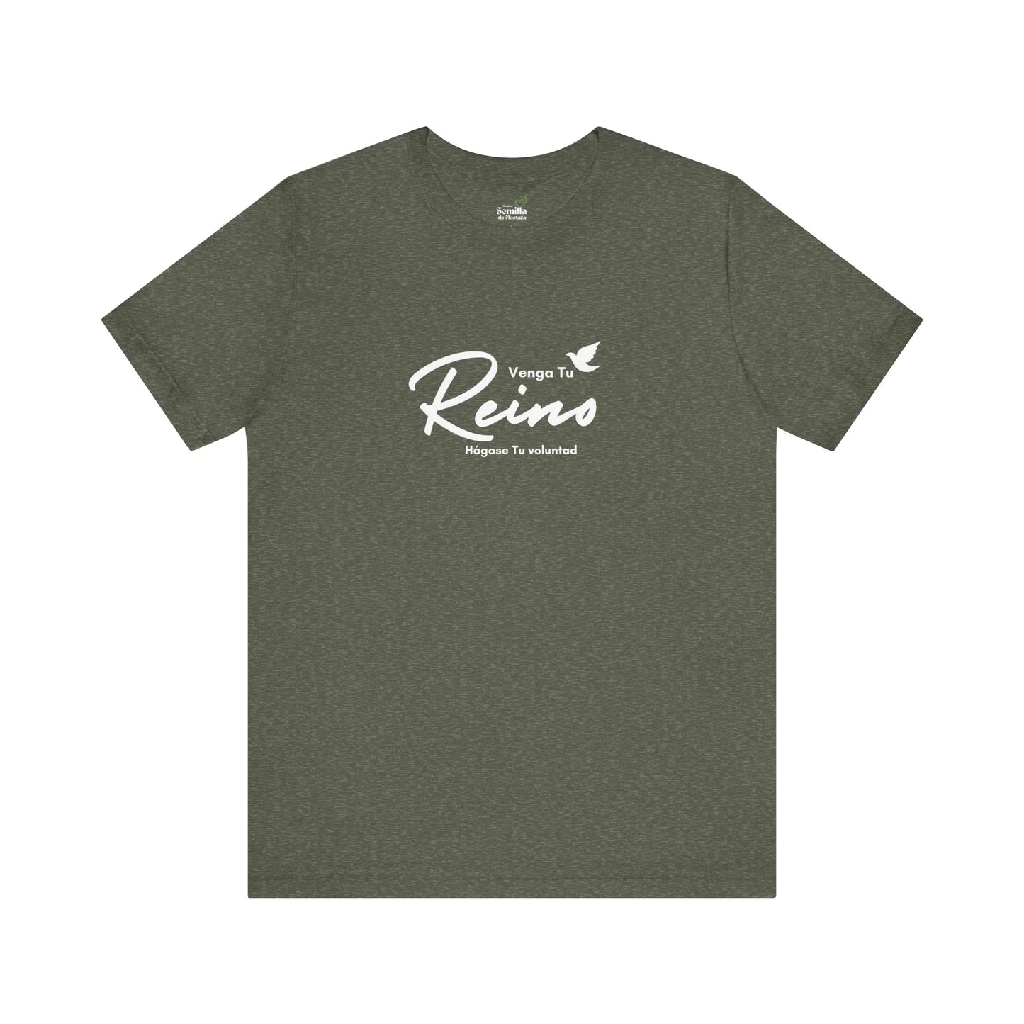 Olive green Christian t-shirt with white Spanish text 'Venga Tu Reino' and dove graphic