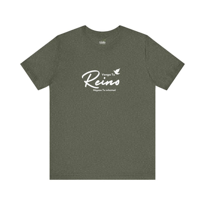 Olive green Christian t-shirt with white Spanish text 'Venga Tu Reino' and dove graphic