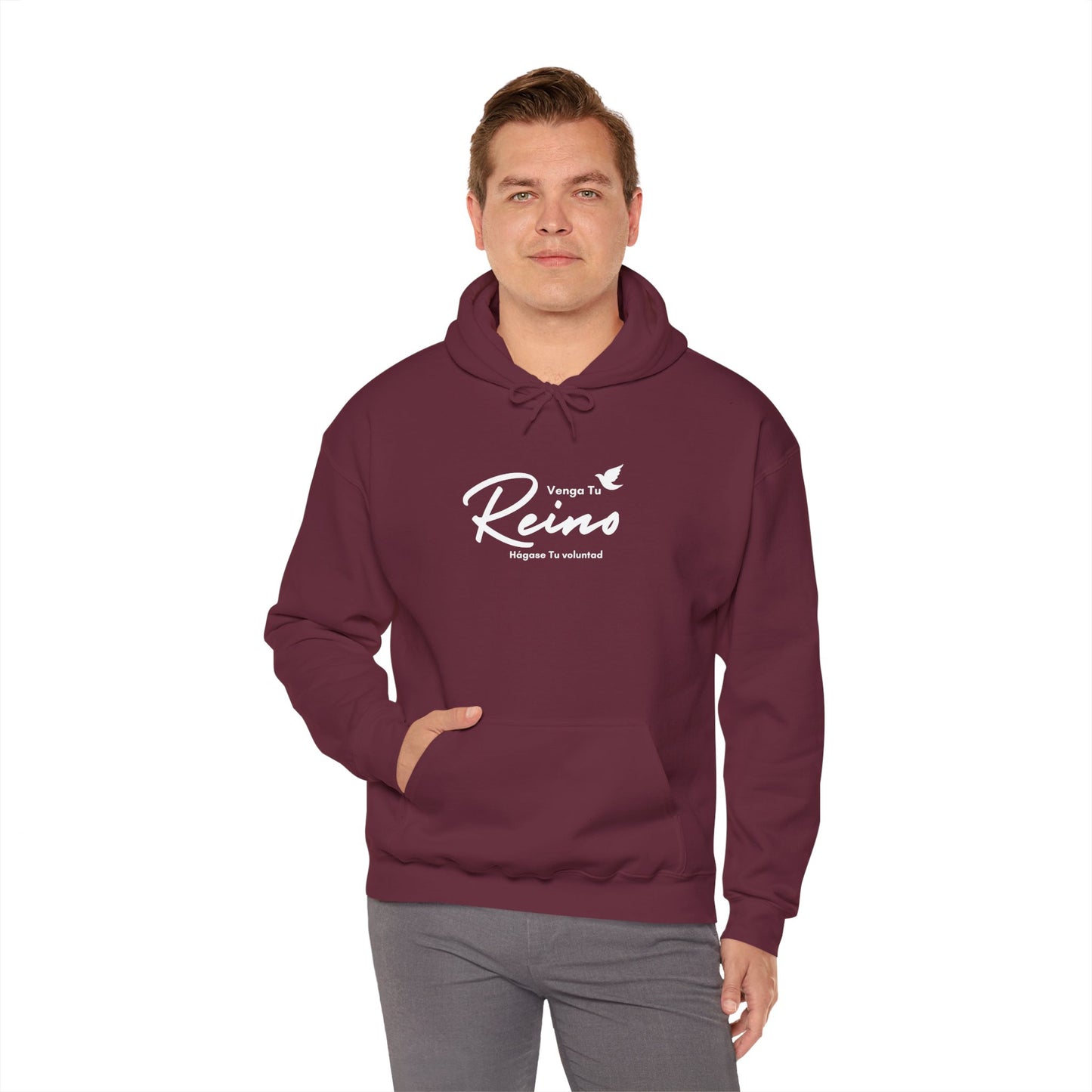 Man wearing maroon Christian hoodie with Spanish faith-inspired text and dove graphic