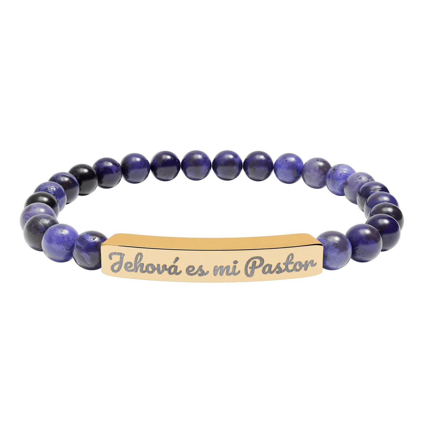 Purple beaded Christian bracelet with gold bar engraved 'Jehová es mi Pastor'