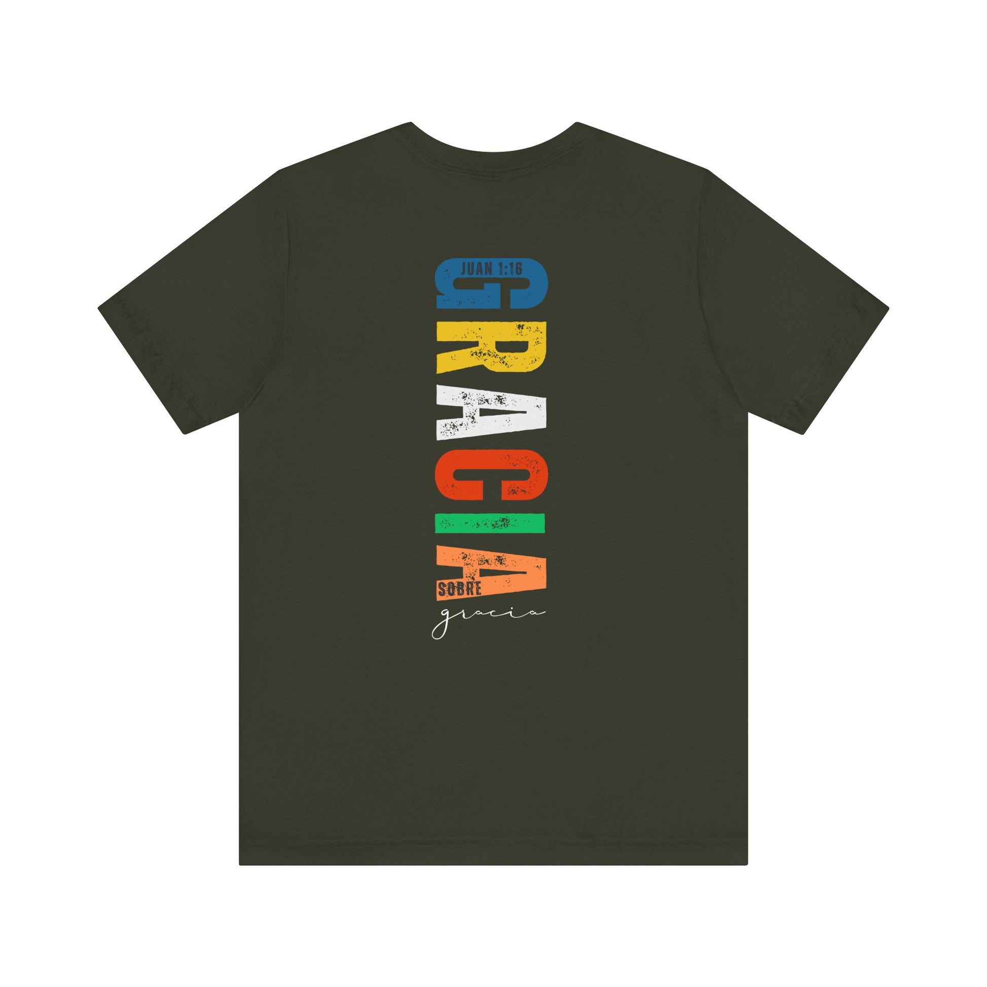 Olive green Christian t-shirt with colorful vertical 'Gracia sobre gracia' text and John 1:16 verse.