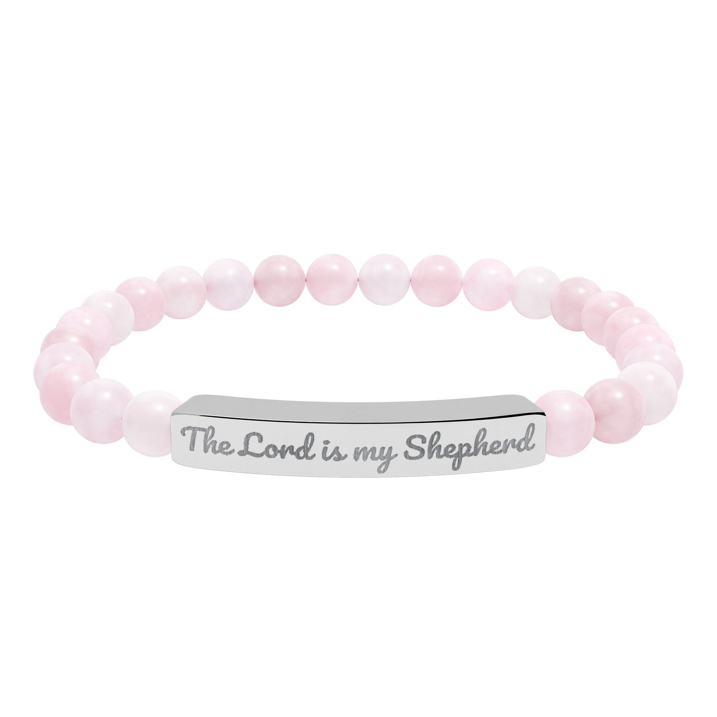 Pink bead Christian bracelet with silver bar engraved 'The Lord is my Shepherd'.